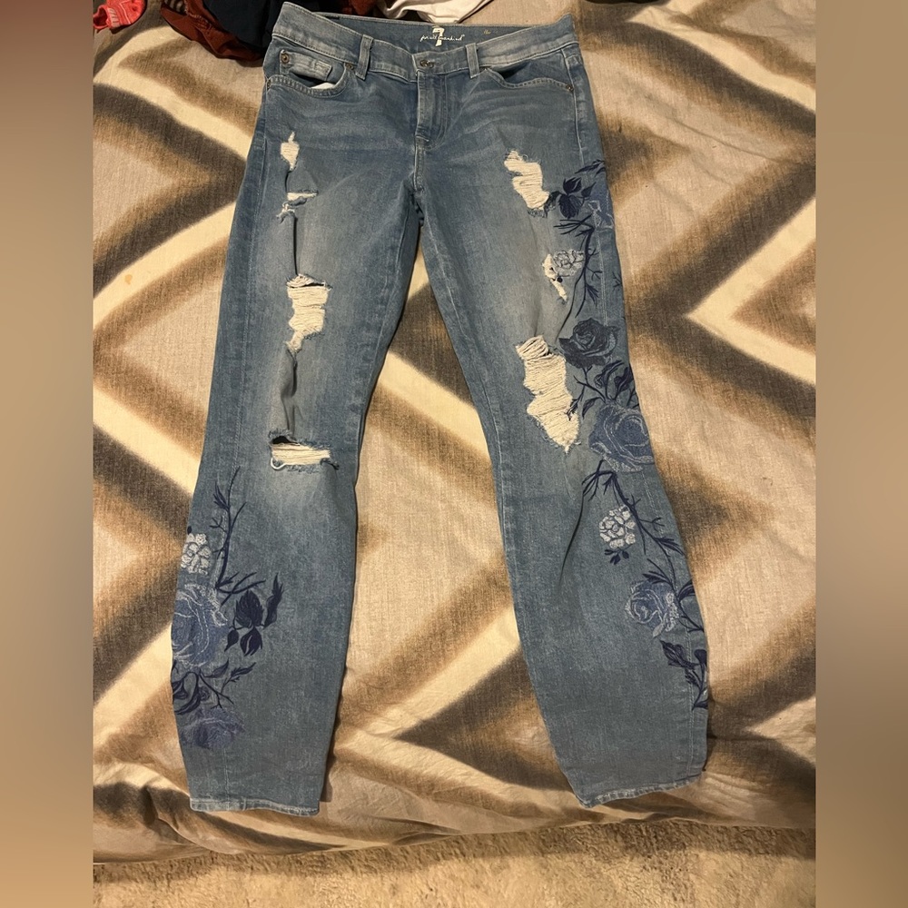 7 embroidered distressed jean size 27